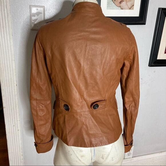 Gap Brown Leather Asymmetrical Button Up Moto Jacket Sz Small - Picture 4 of 8